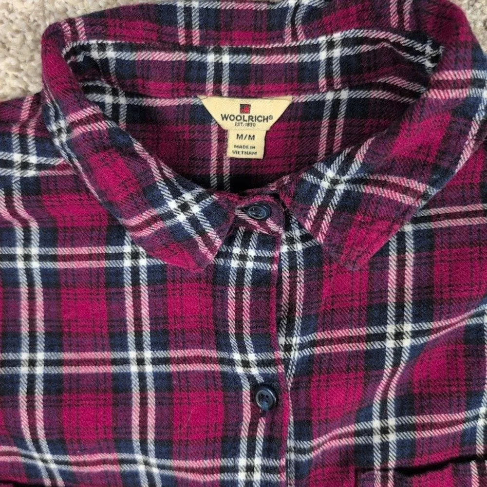 Woolrich Womens M Burgundy Blue Plaid Cotton Flannel Button Down Shirt HLT0669S